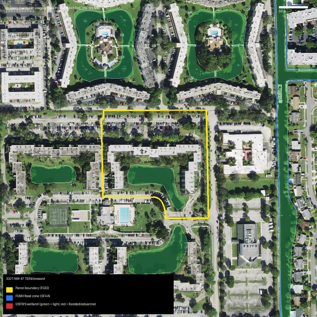 GIS map with parcel polygon, FEMA zone and wetlands — 3321 NW 47 TER, LAUDERDALE LAKES, FL, 33319