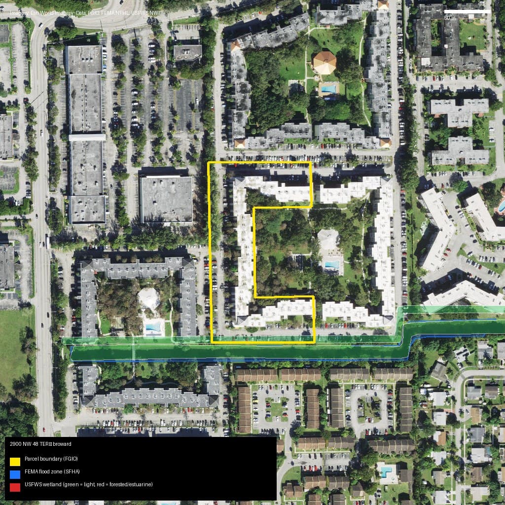 GIS map with parcel polygon, FEMA zone and wetlands — 2900 NW 48 TER, LAUDERDALE LAKES, FL, 33313