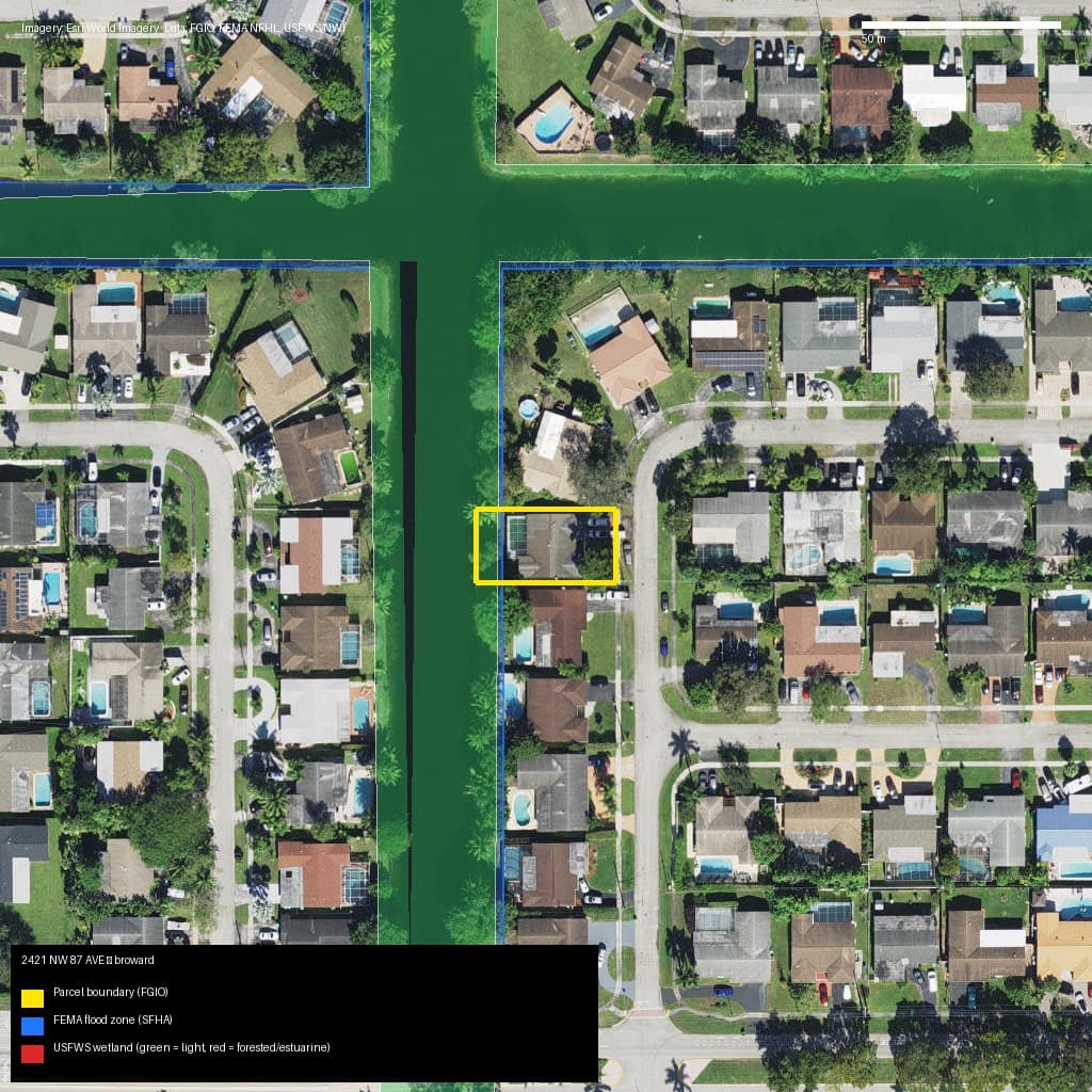 GIS map with parcel polygon, FEMA zone and wetlands — 2421 NW 87 AVE, SUNRISE, FL, 33322