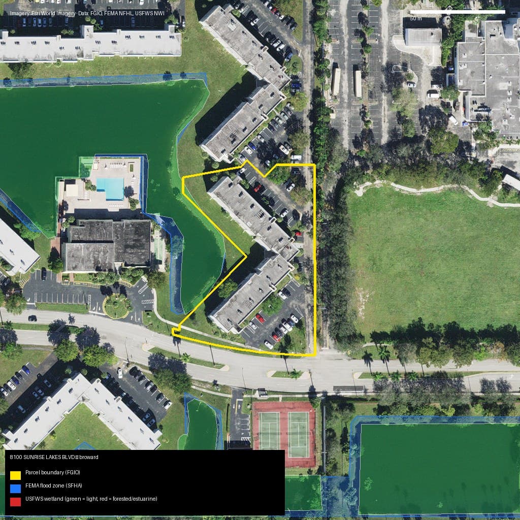 GIS map with parcel polygon, FEMA zone and wetlands — 8100 SUNRISE LAKES BLVD, SUNRISE, FL, 33322