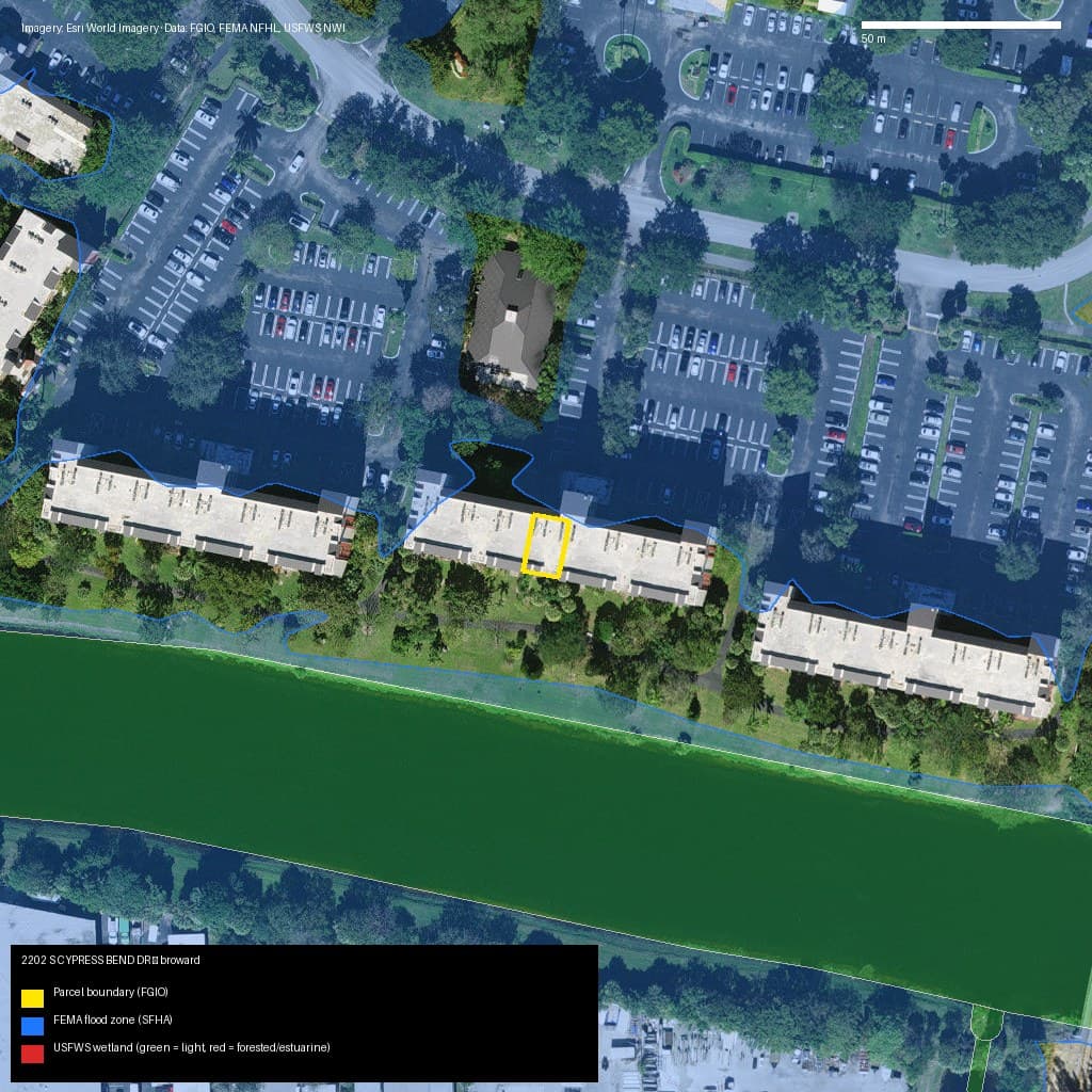 GIS map with parcel polygon, FEMA zone and wetlands — 2202 S CYPRESS BEND DR, POMPANO BEACH, FL, 33069