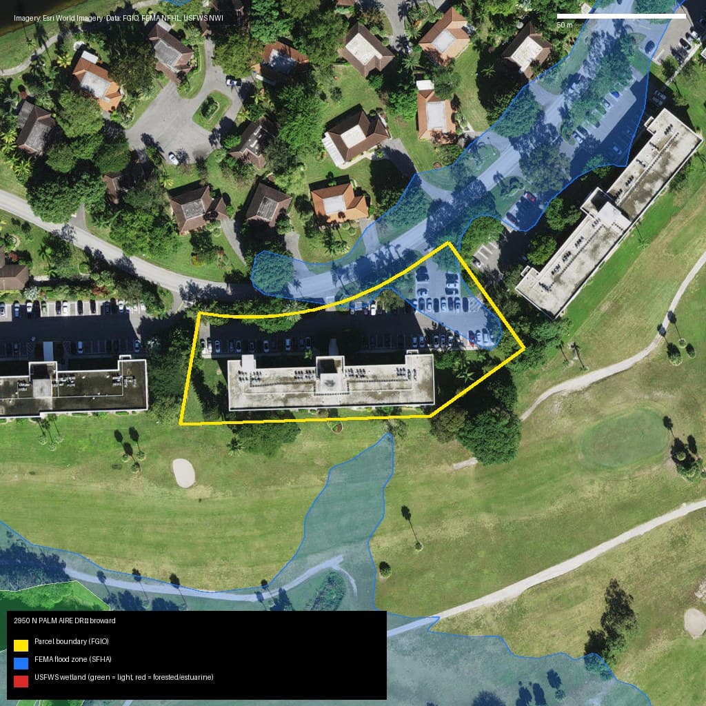 GIS map with parcel polygon, FEMA zone and wetlands — 2950 N PALM AIRE DR, POMPANO BEACH, FL, 33069