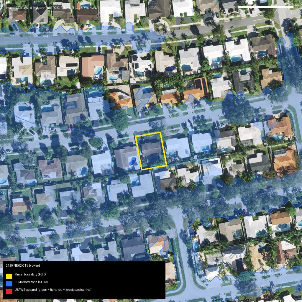 GIS map with parcel polygon, FEMA zone and wetlands — 2120 NE 62 CT, FORT LAUDERDALE, FL, 33308