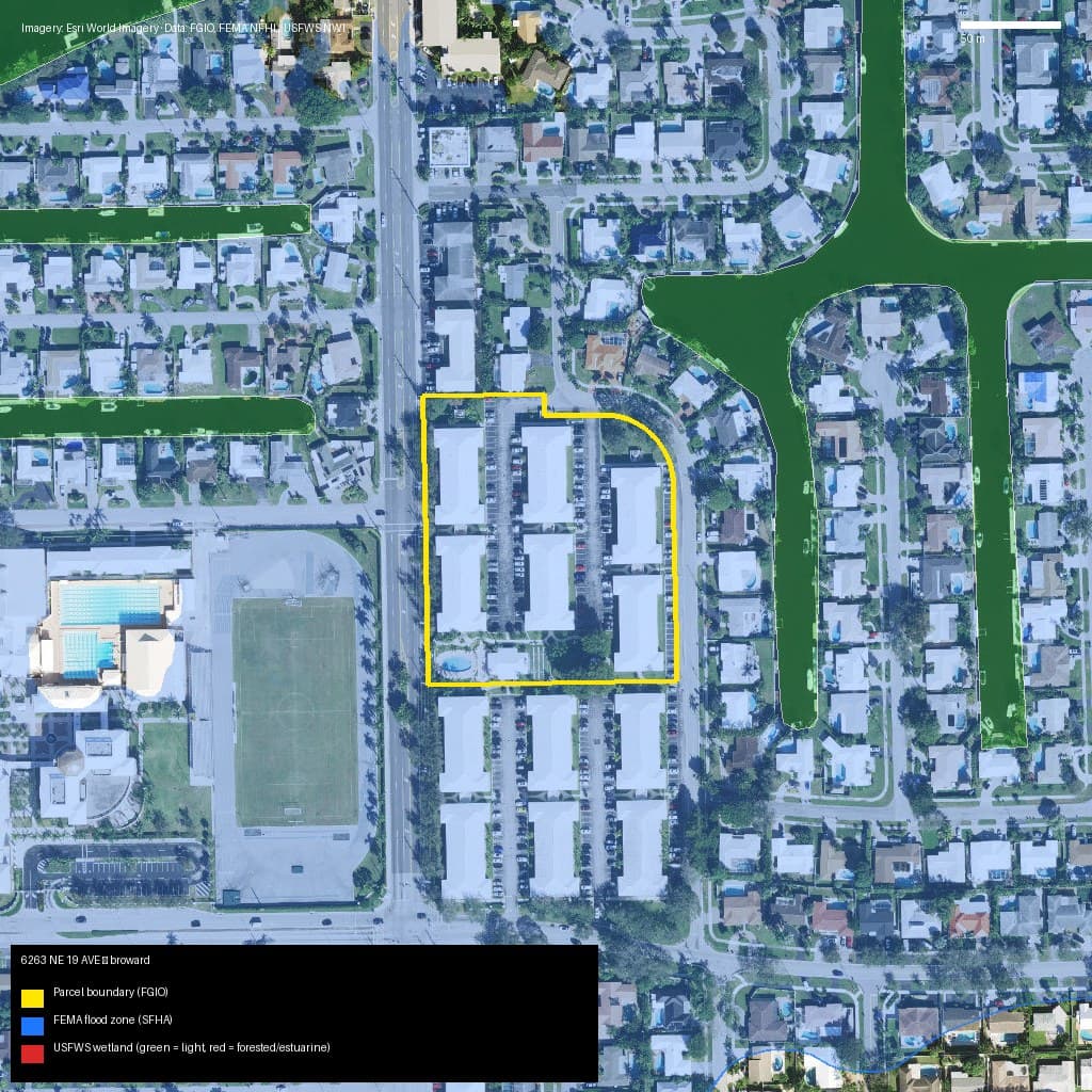 GIS map with parcel polygon, FEMA zone and wetlands — 6263 NE 19 AVE, FORT LAUDERDALE, FL, 33308