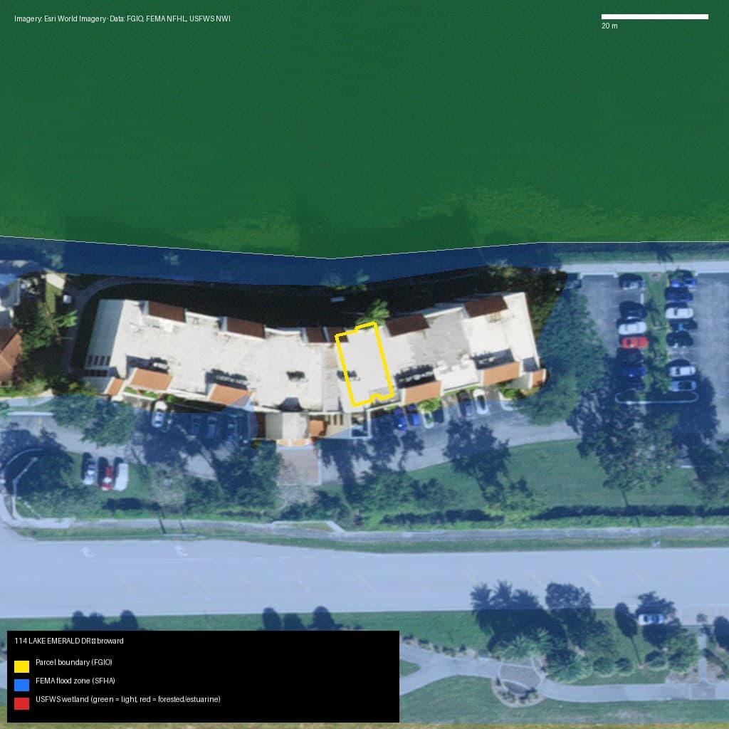 GIS map with parcel polygon, FEMA zone and wetlands — 114 LAKE EMERALD DR, OAKLAND PARK, FL, 33309