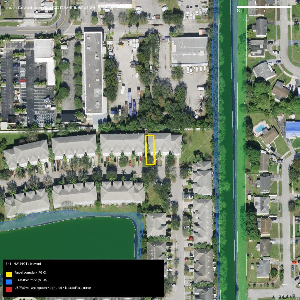GIS map with parcel polygon, FEMA zone and wetlands — 3411 NW 14 CT, LAUDERHILL, FL, 33311