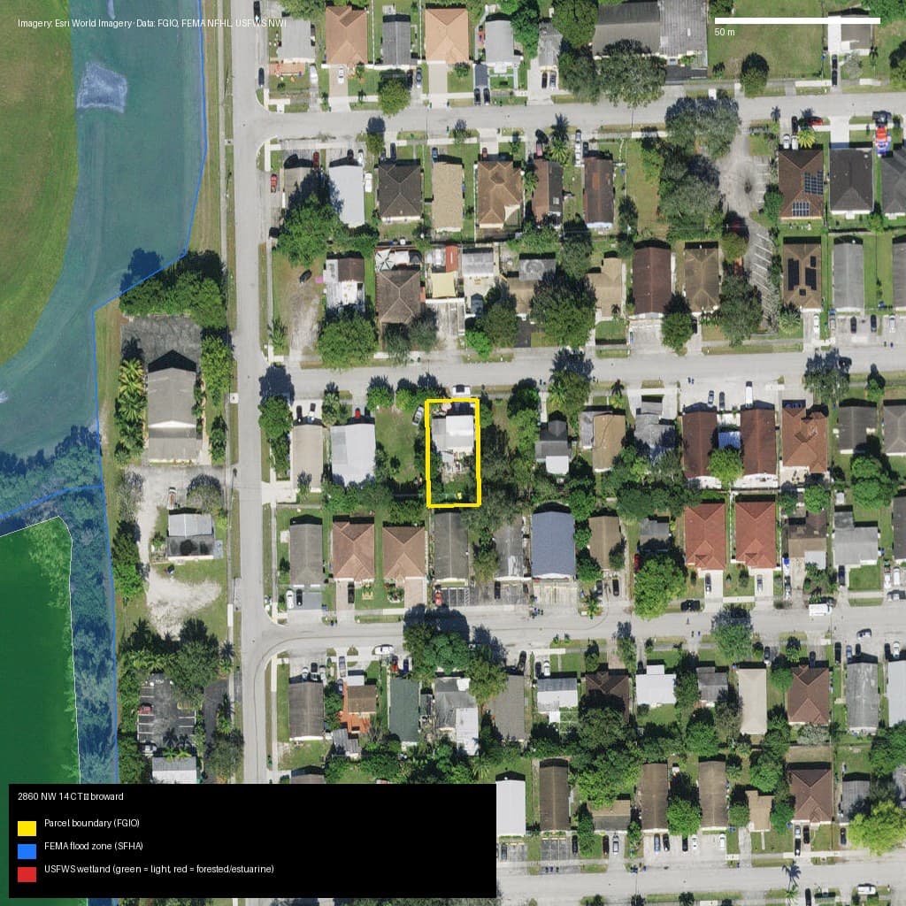 GIS map with parcel polygon, FEMA zone and wetlands — 2860 NW 14 CT, UNINCORPORATED, FL, 33311