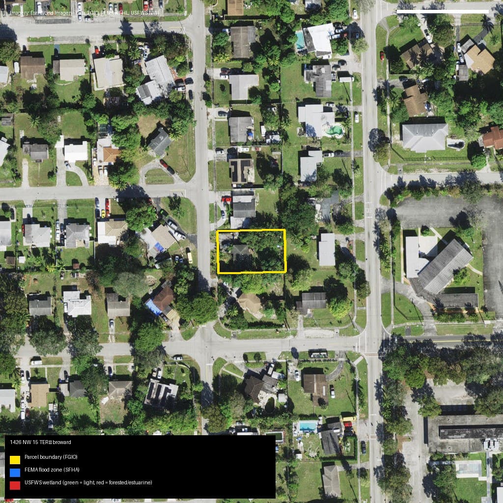 GIS map with parcel polygon, FEMA zone and wetlands — 1426 NW 15 TER, FORT LAUDERDALE, FL, 33311