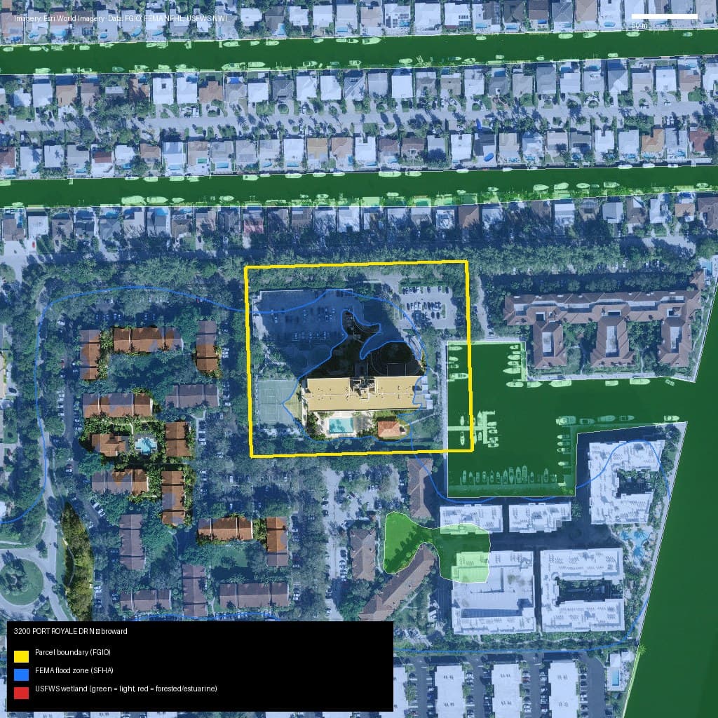 GIS map with parcel polygon, FEMA zone and wetlands — 3200 PORT ROYALE DR N, FORT LAUDERDALE, FL, 33308