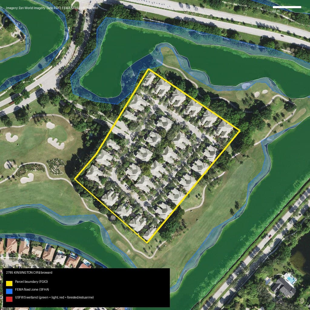 GIS map with parcel polygon, FEMA zone and wetlands — 2785 KINSINGTON CIR, WESTON, FL, 33332