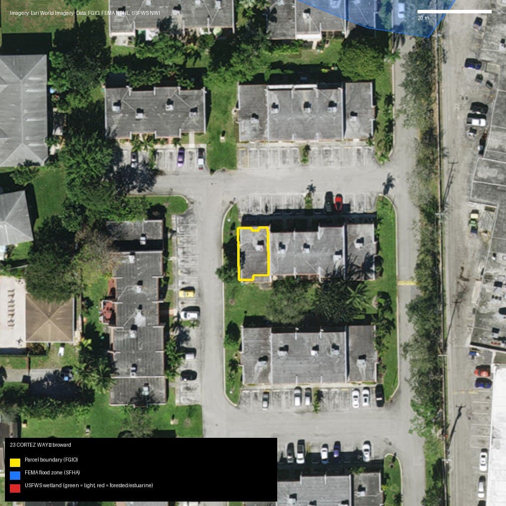 GIS map with parcel polygon, FEMA zone and wetlands — 23 CORTEZ WAY, DAVIE, FL, 33324