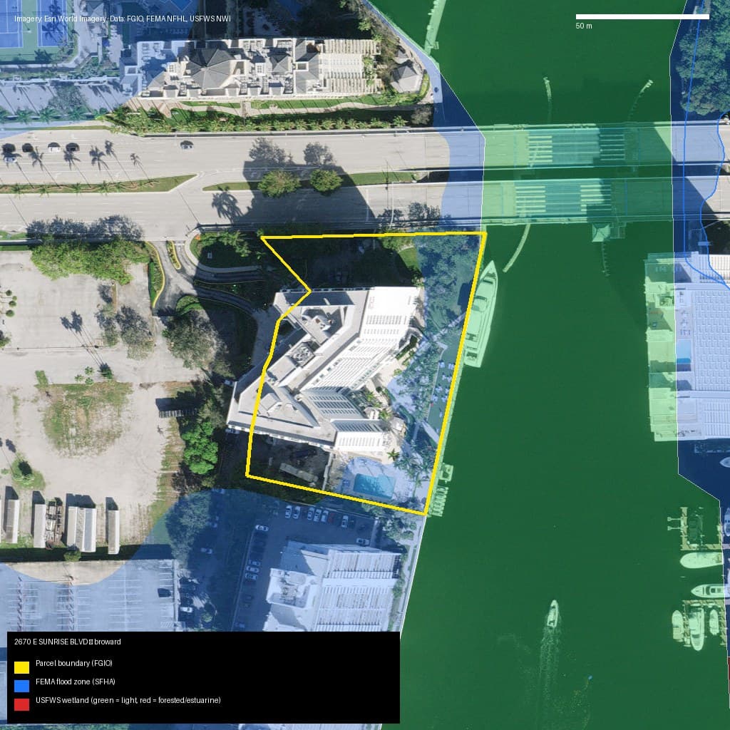 GIS map with parcel polygon, FEMA zone and wetlands — 2670 E SUNRISE BLVD, FORT LAUDERDALE, FL, 33304