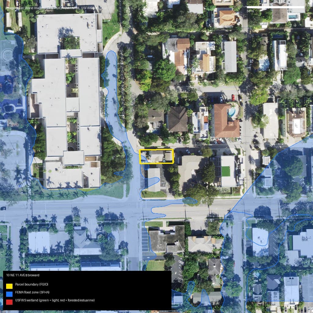 GIS map with parcel polygon, FEMA zone and wetlands — 10 NE 11 AVE, FORT LAUDERDALE, FL, 33301