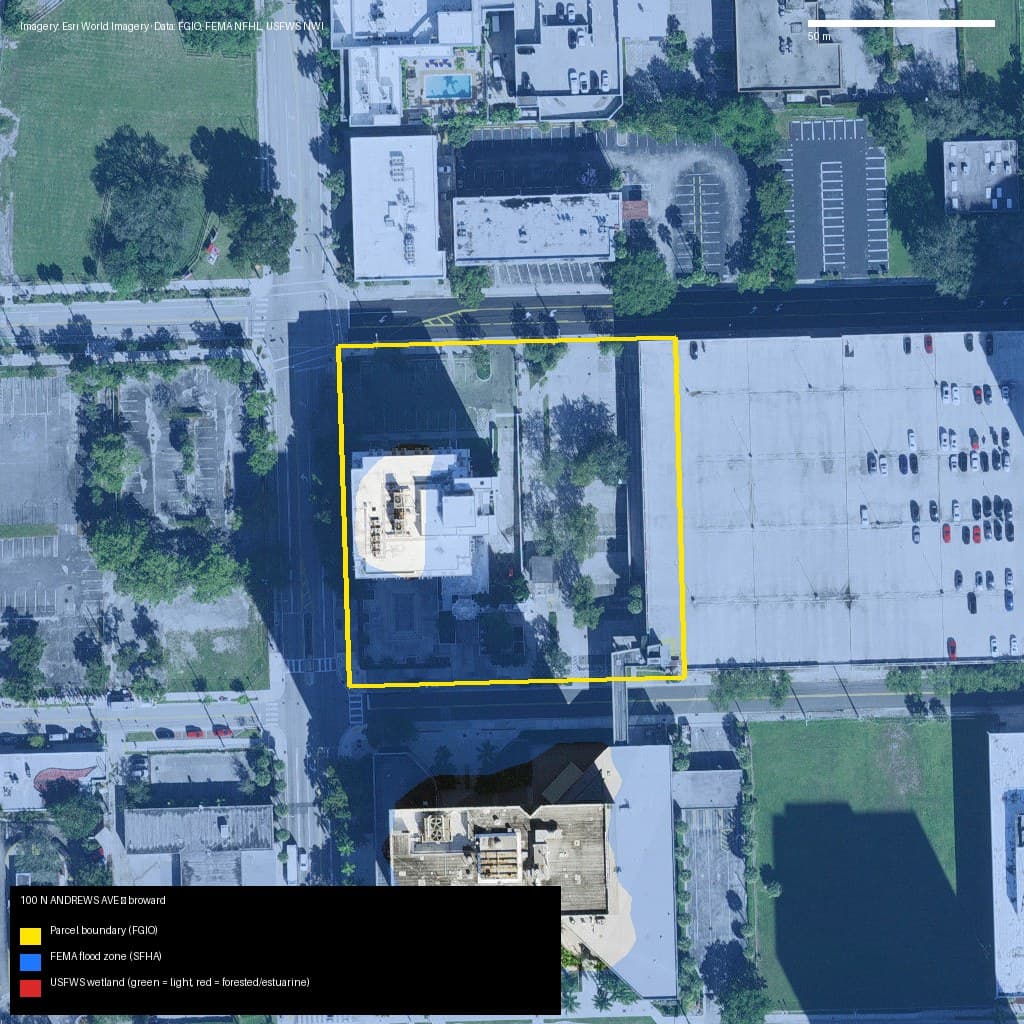 GIS map with parcel polygon, FEMA zone and wetlands — 100 N ANDREWS AVE, FORT LAUDERDALE, FL, 33301