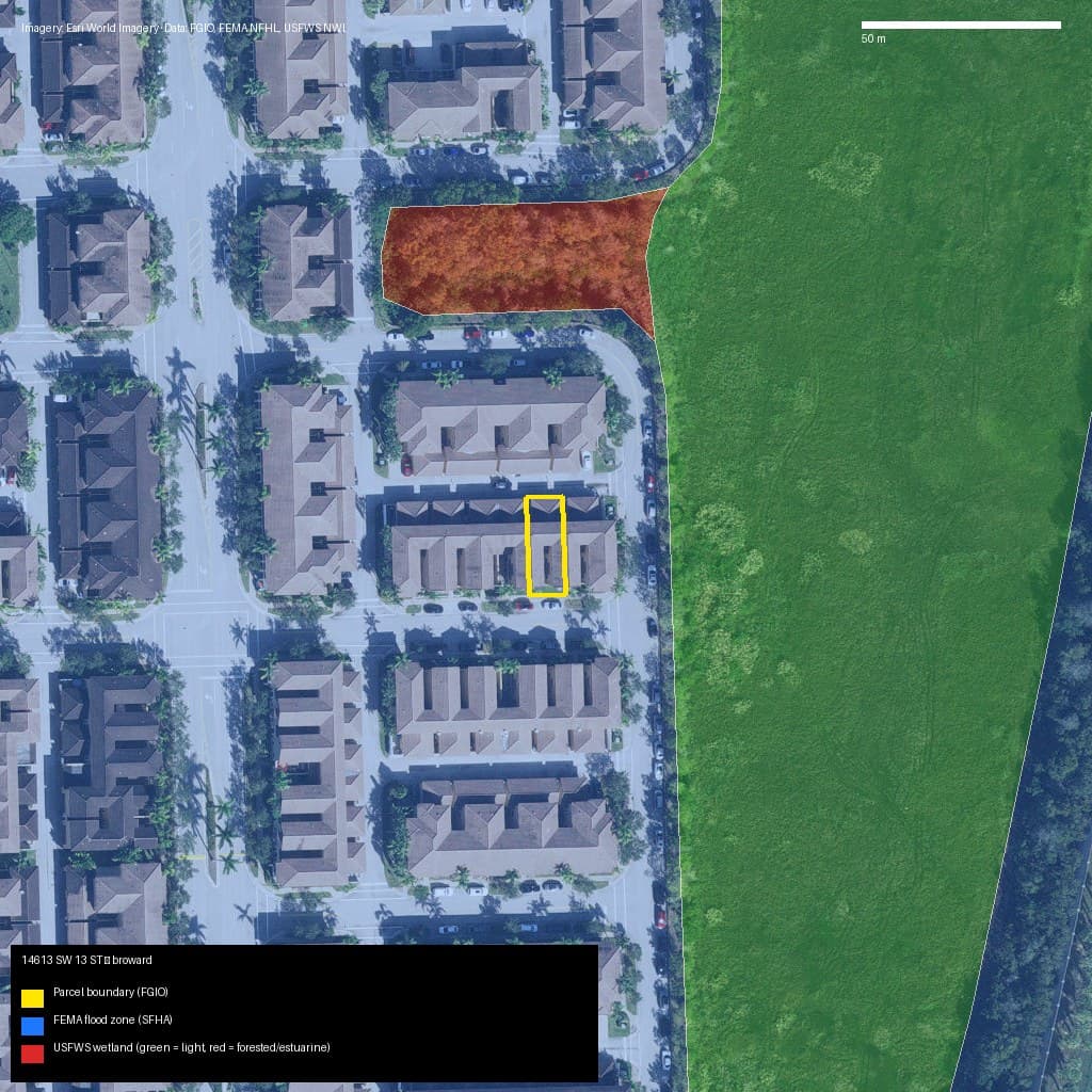 GIS map with parcel polygon, FEMA zone and wetlands — 14613 SW 13 ST, PEMBROKE PINES, FL, 33027