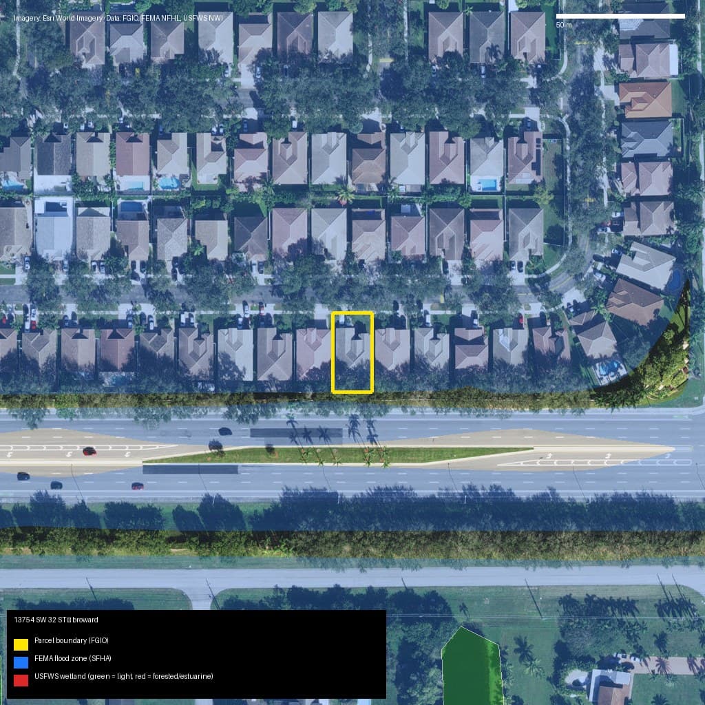 GIS map with parcel polygon, FEMA zone and wetlands — 13754 SW 32 ST, MIRAMAR, FL, 33027