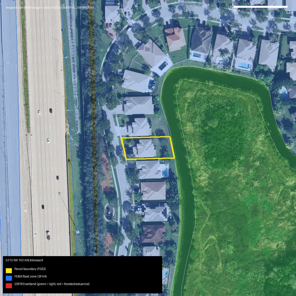 GIS map with parcel polygon, FEMA zone and wetlands — 5213 SW 153 AVE, MIRAMAR, FL, 33027