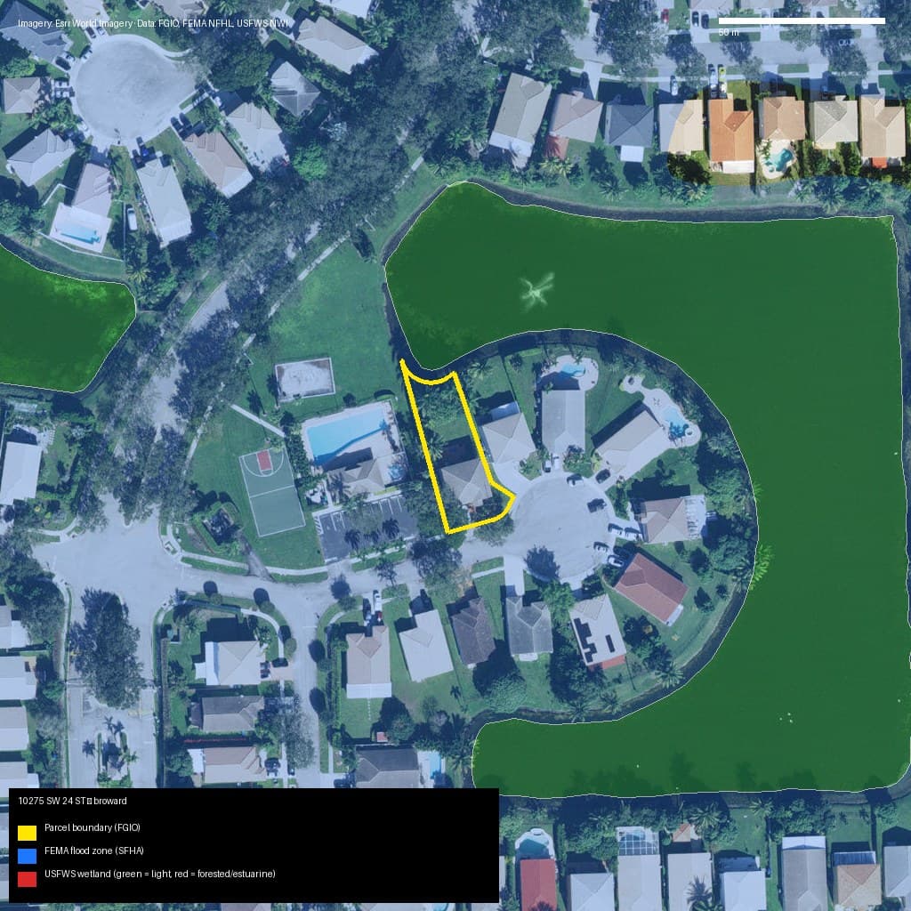 GIS map with parcel polygon, FEMA zone and wetlands — 10275 SW 24 ST, MIRAMAR, FL, 33025