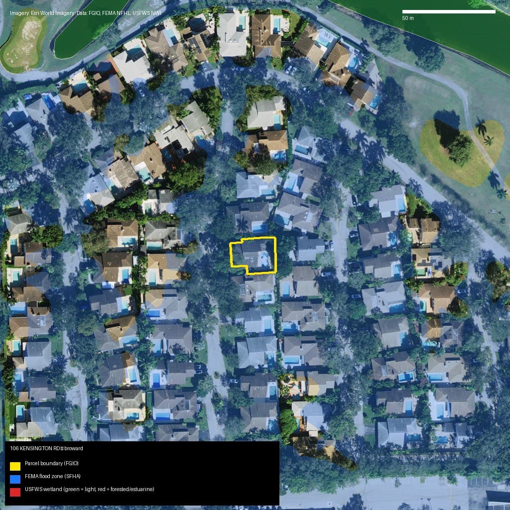 GIS map with parcel polygon, FEMA zone and wetlands — 106 KENSINGTON RD, HOLLYWOOD, FL, 33021