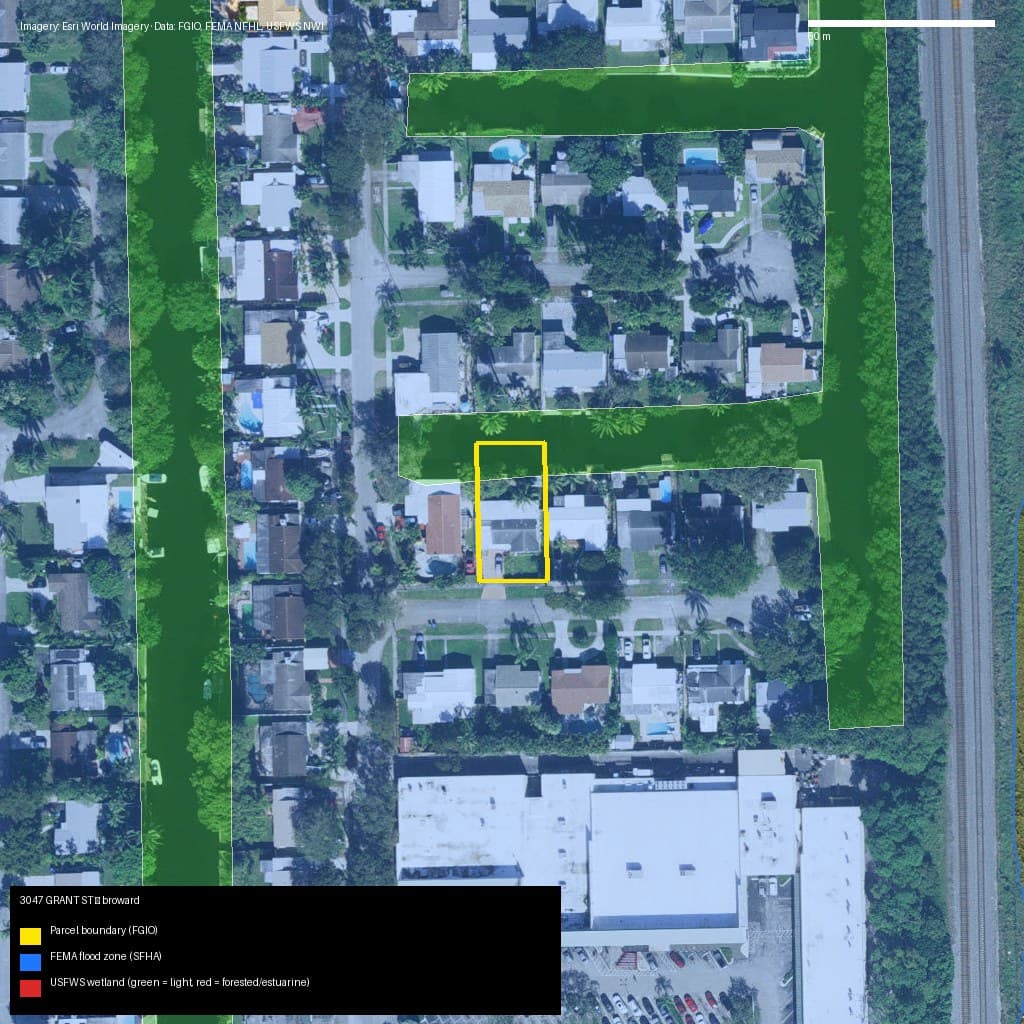 GIS map with parcel polygon, FEMA zone and wetlands — 3047 GRANT ST, HOLLYWOOD, FL, 33021
