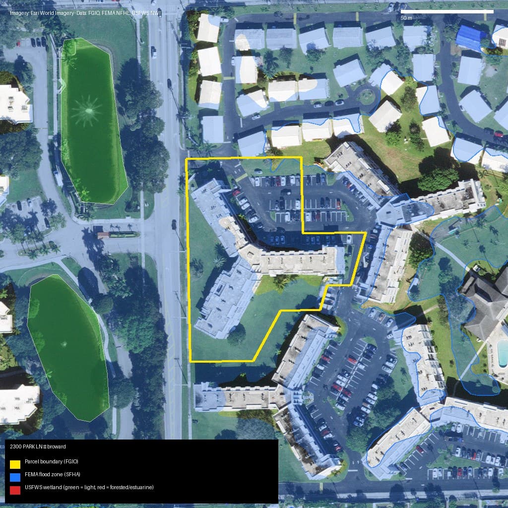 GIS map with parcel polygon, FEMA zone and wetlands — 2300 PARK LN, HOLLYWOOD, FL, 33021