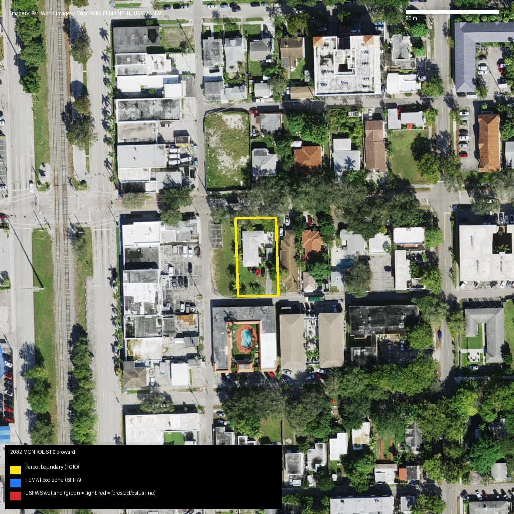 GIS map with parcel polygon, FEMA zone and wetlands — 2032 MONROE ST, HOLLYWOOD, FL, 33020