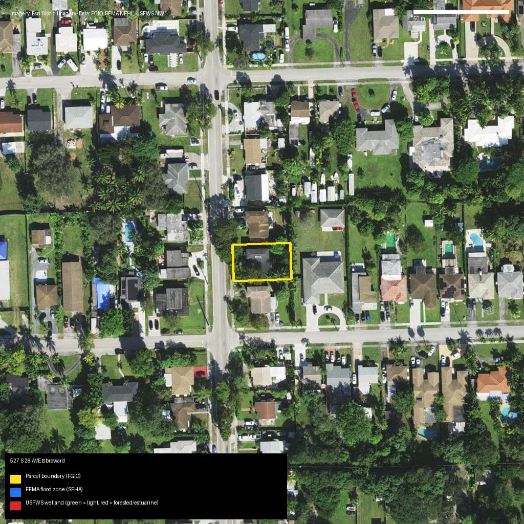 GIS map with parcel polygon, FEMA zone and wetlands — 527 S 28 AVE, HOLLYWOOD, FL, 33020