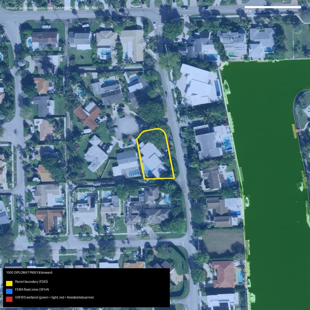 GIS map with parcel polygon, FEMA zone and wetlands — 1000 DIPLOMAT PKWY, HOLLYWOOD, FL, 33019