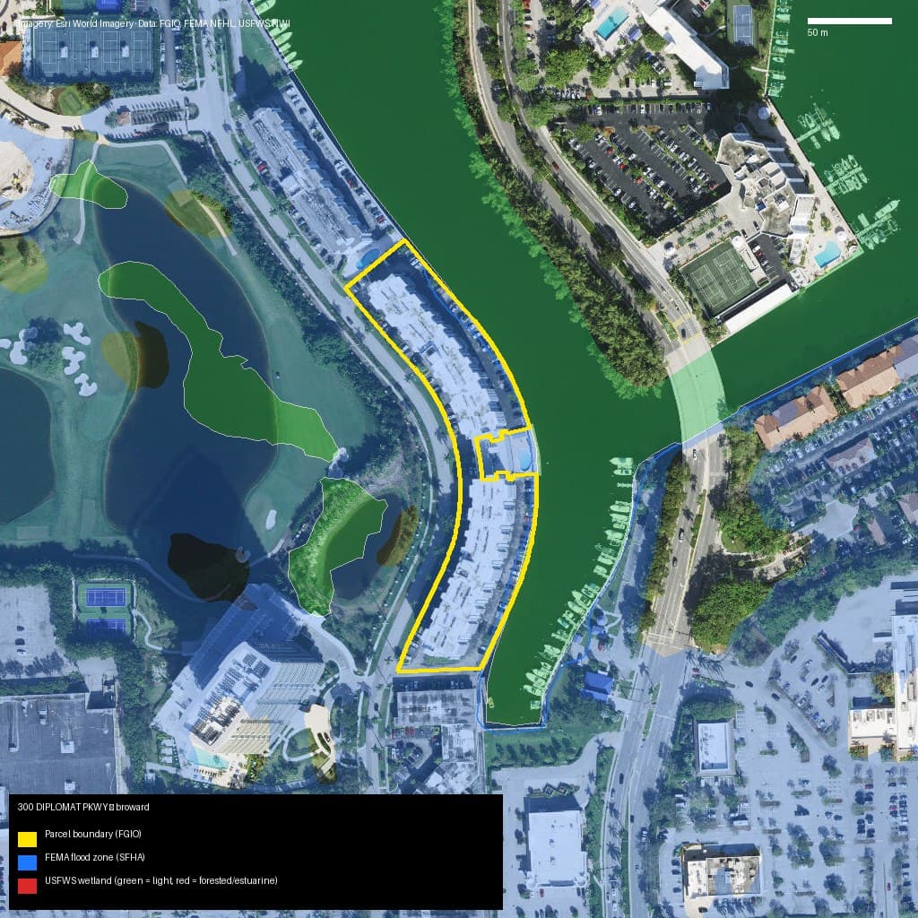 GIS map with parcel polygon, FEMA zone and wetlands — 300 DIPLOMAT PKWY, HALLANDALE BEACH, FL, 33009