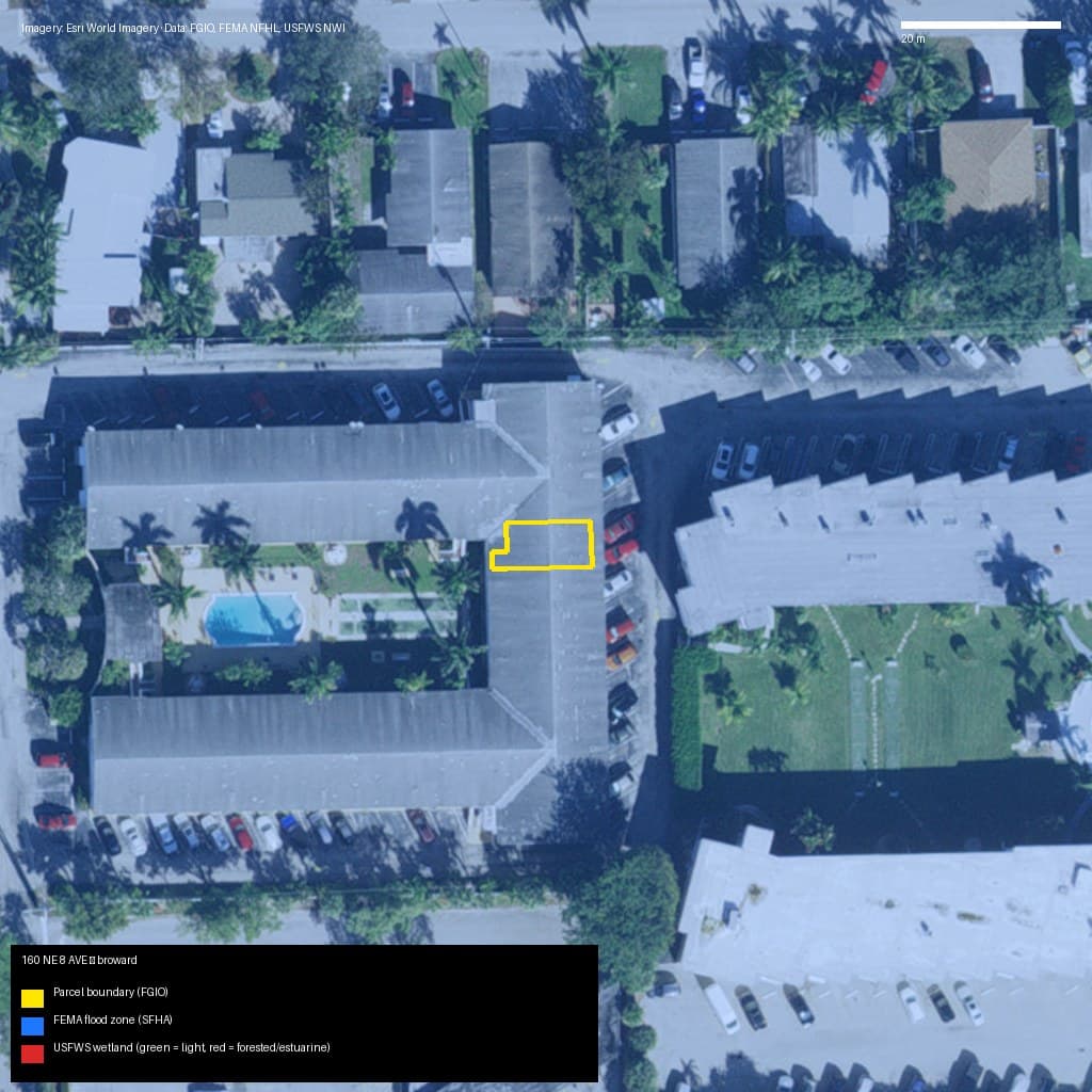 GIS map with parcel polygon, FEMA zone and wetlands — 160 NE 8 AVE, HALLANDALE BEACH, FL, 33009