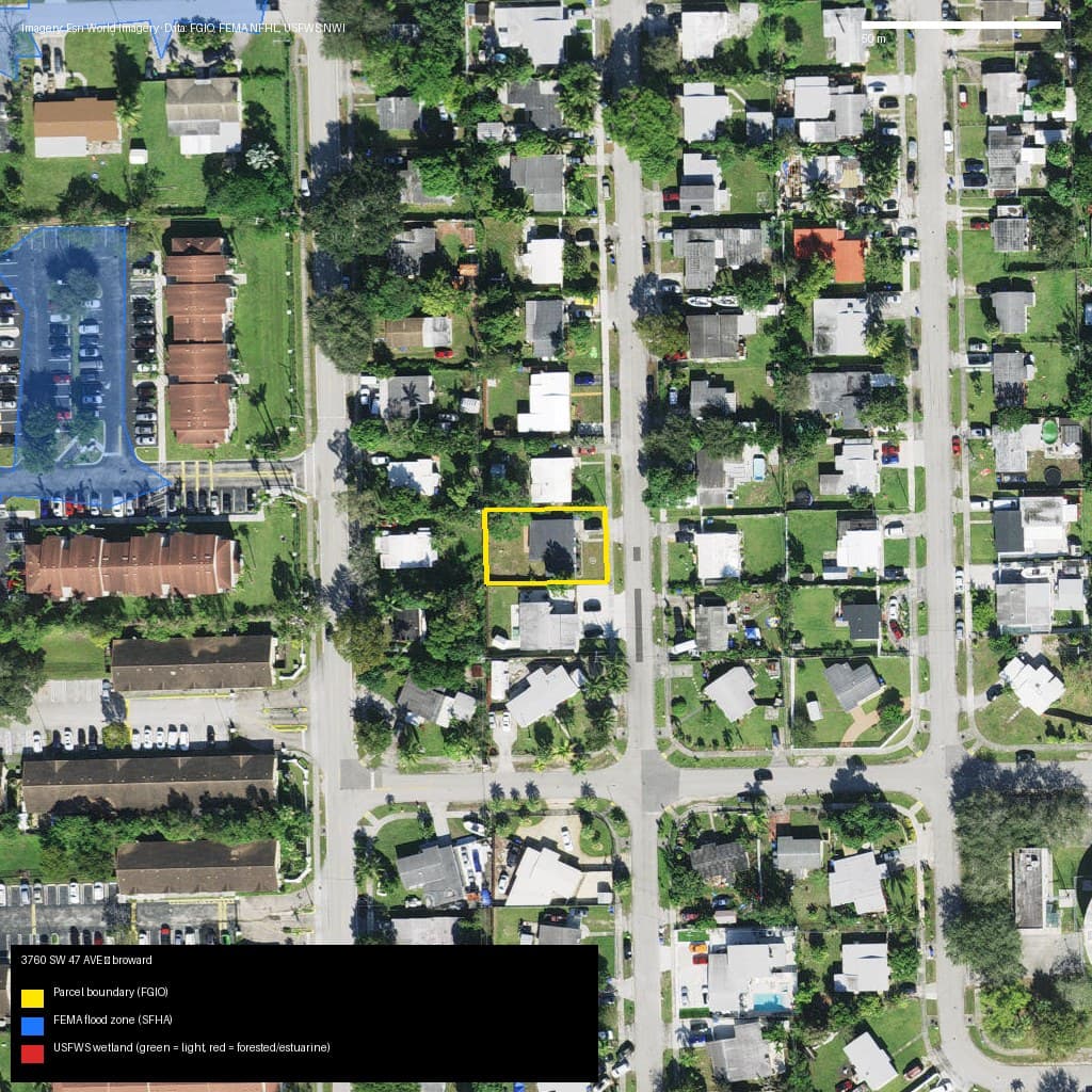 GIS map with parcel polygon, FEMA zone and wetlands — 3760 SW 47 AVE, WEST PARK, FL, 33023