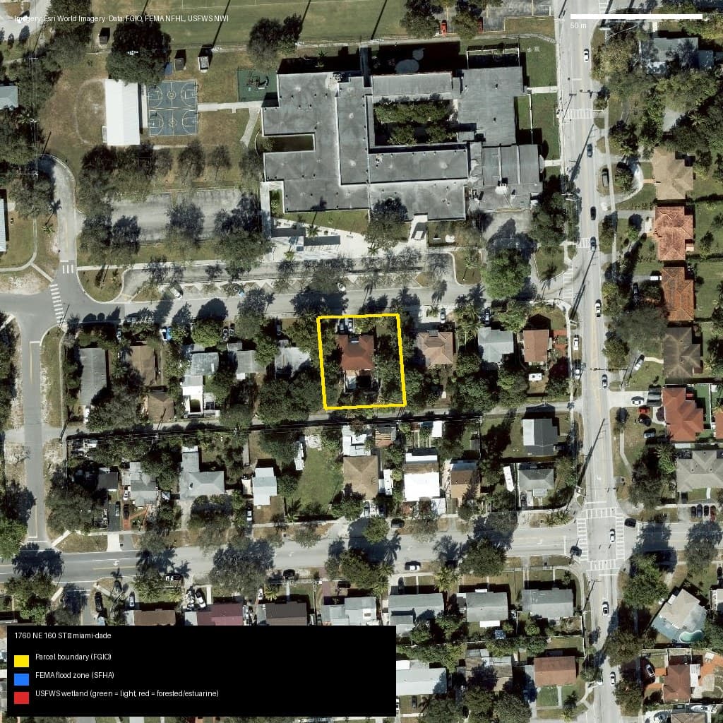 GIS map with parcel polygon, FEMA zone and wetlands — 1760 NE 160 ST, North Miami Beach, FL, 33162