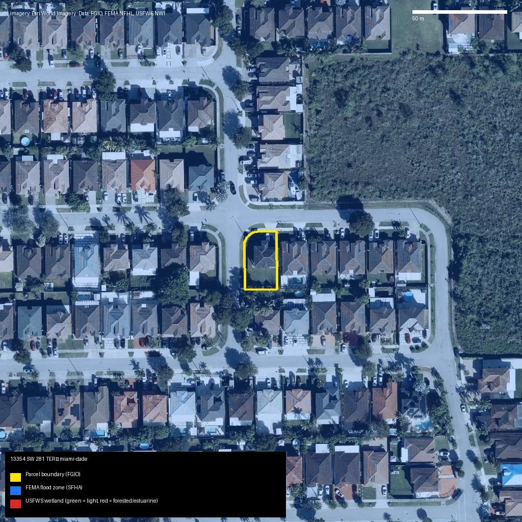 GIS map with parcel polygon, FEMA zone and wetlands — 13354 SW 281 TER, Unincorporated County, FL, 33033