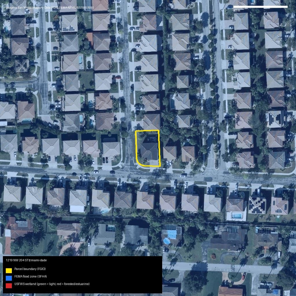GIS map with parcel polygon, FEMA zone and wetlands — 1219 NW 204 ST, Miami Gardens, FL, 33169