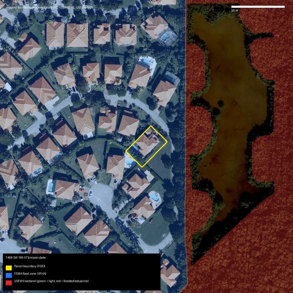 GIS map with parcel polygon, FEMA zone and wetlands — 7408 SW 189 ST, Cutler Bay, FL, 33157