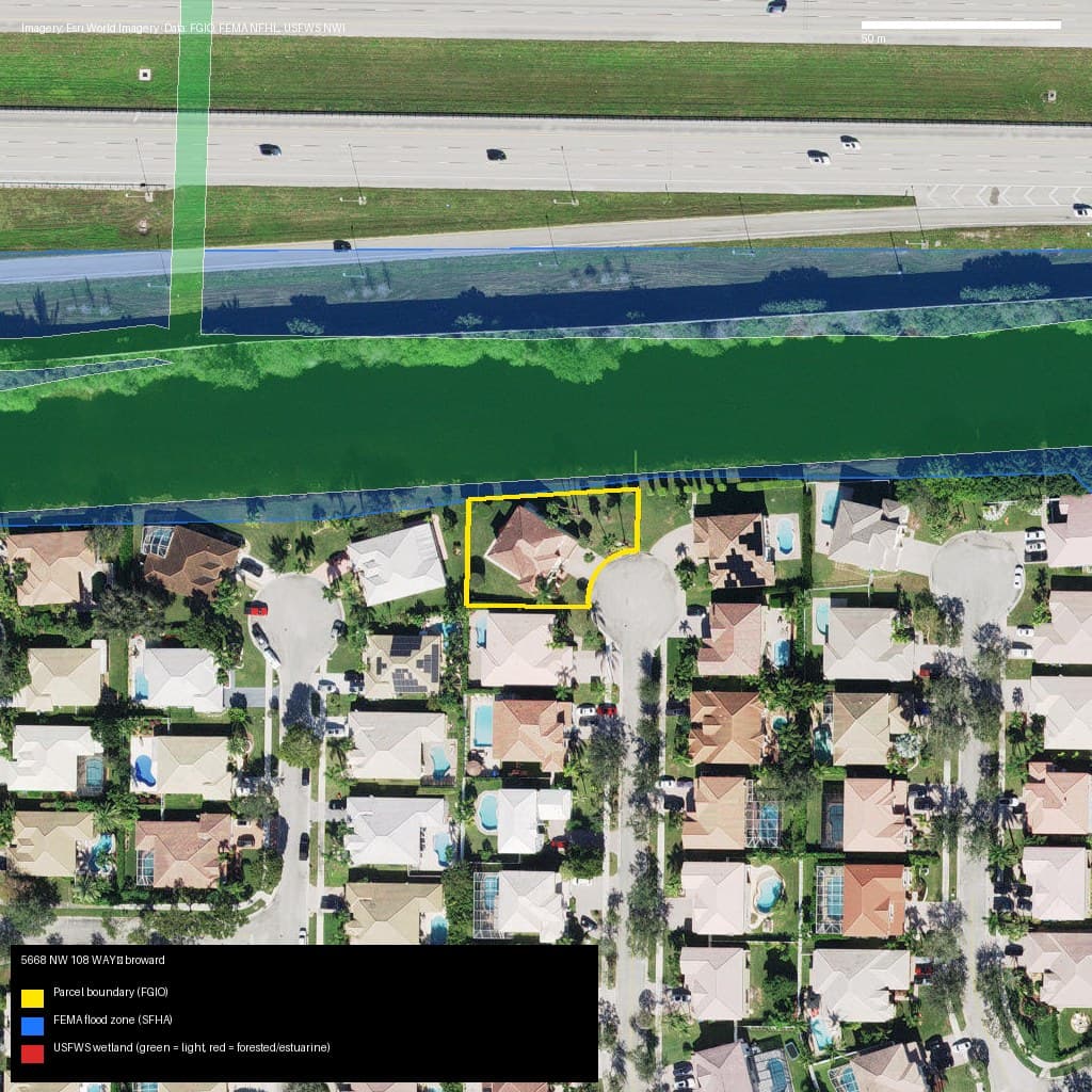 GIS map with parcel polygon, FEMA zone and wetlands — 5668 NW 108 WAY, CORAL SPRINGS, FL, 33076