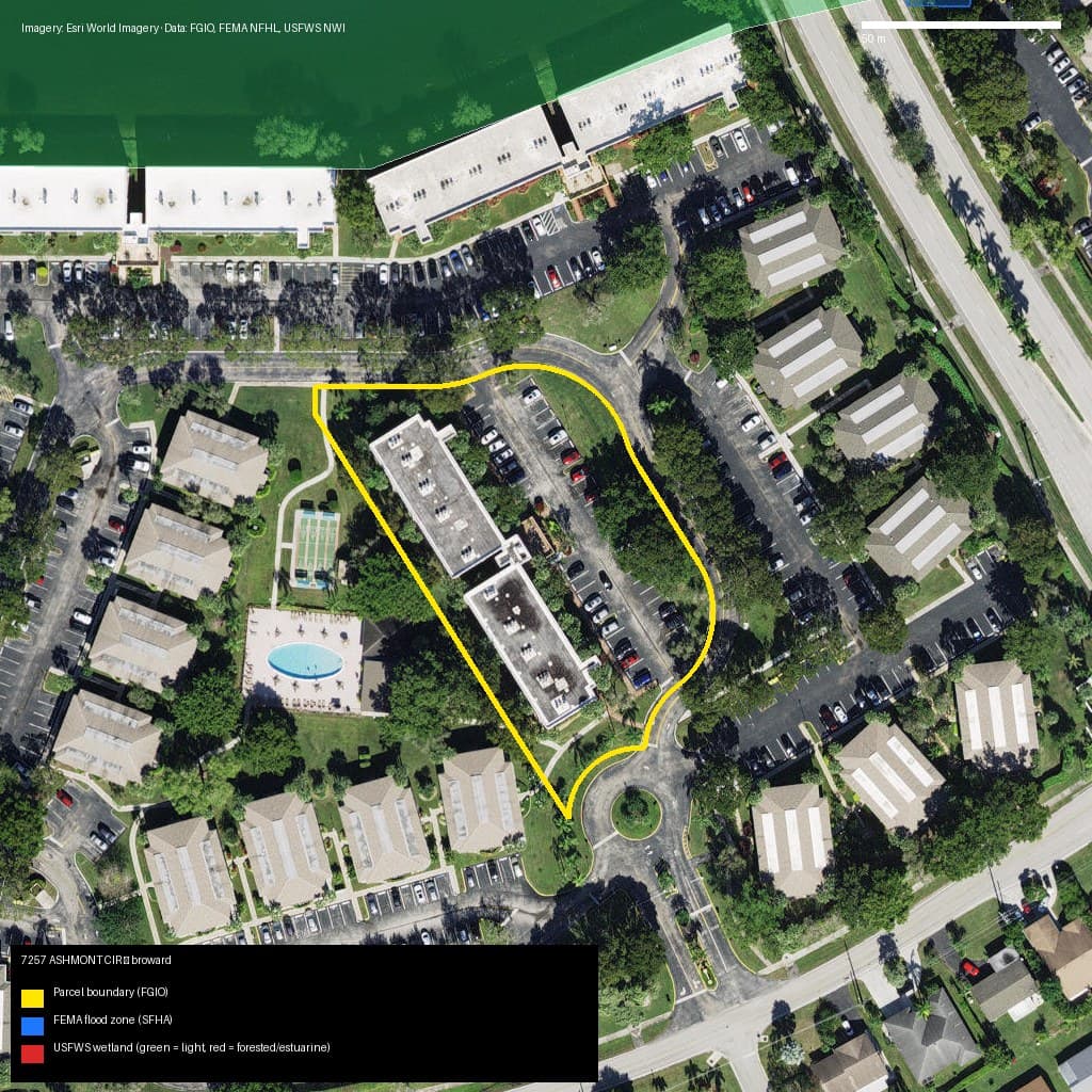 GIS map with parcel polygon, FEMA zone and wetlands — 7257 ASHMONT CIR, TAMARAC, FL, 33321