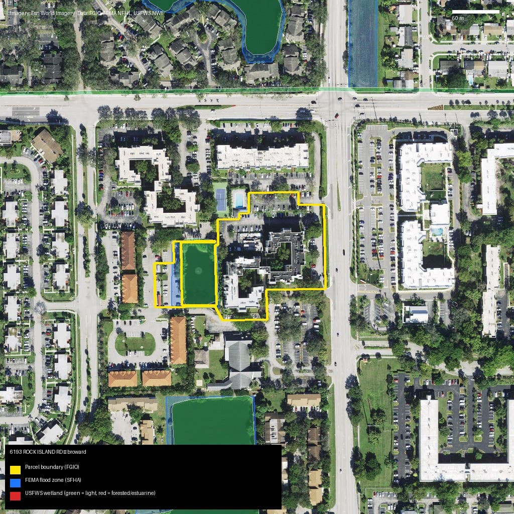 GIS map with parcel polygon, FEMA zone and wetlands — 6193 ROCK ISLAND RD, TAMARAC, FL, 33319