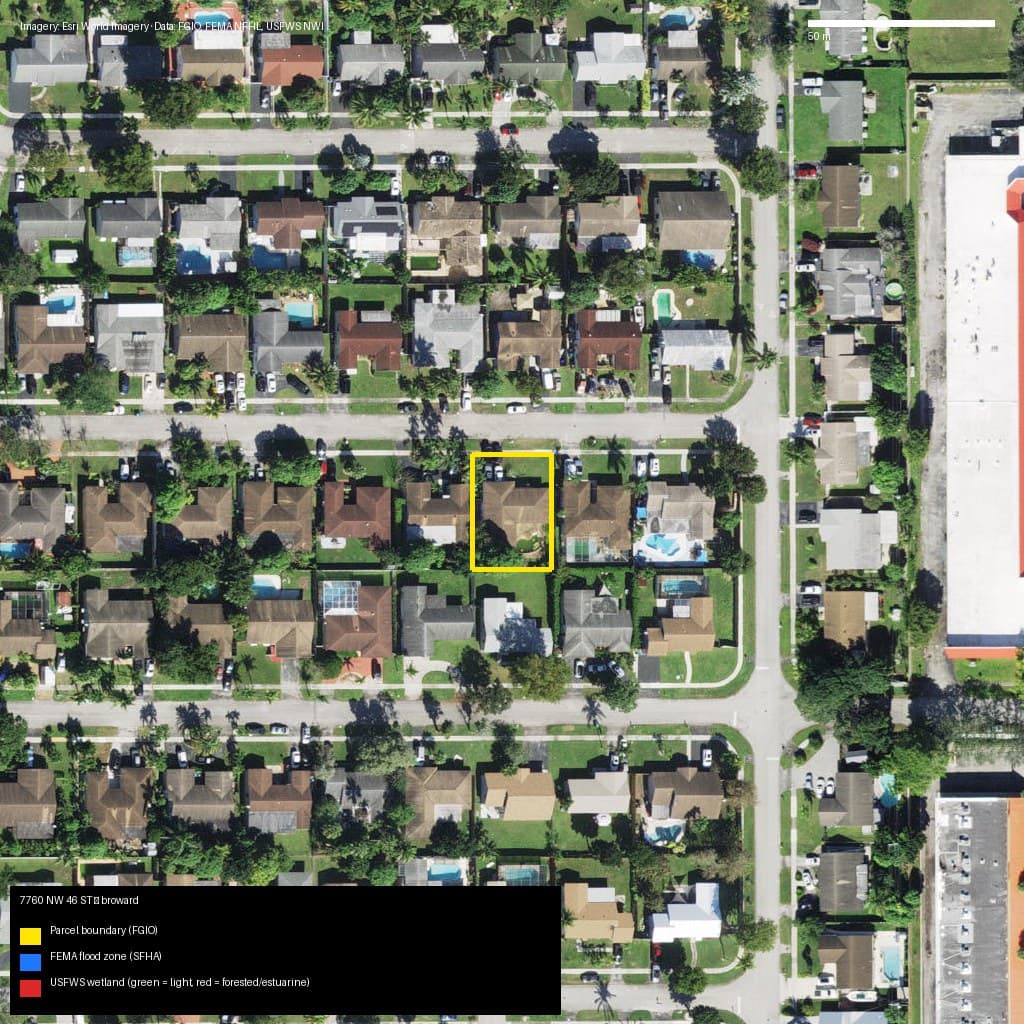 GIS map with parcel polygon, FEMA zone and wetlands — 7760 NW 46 ST, LAUDERHILL, FL, 33351