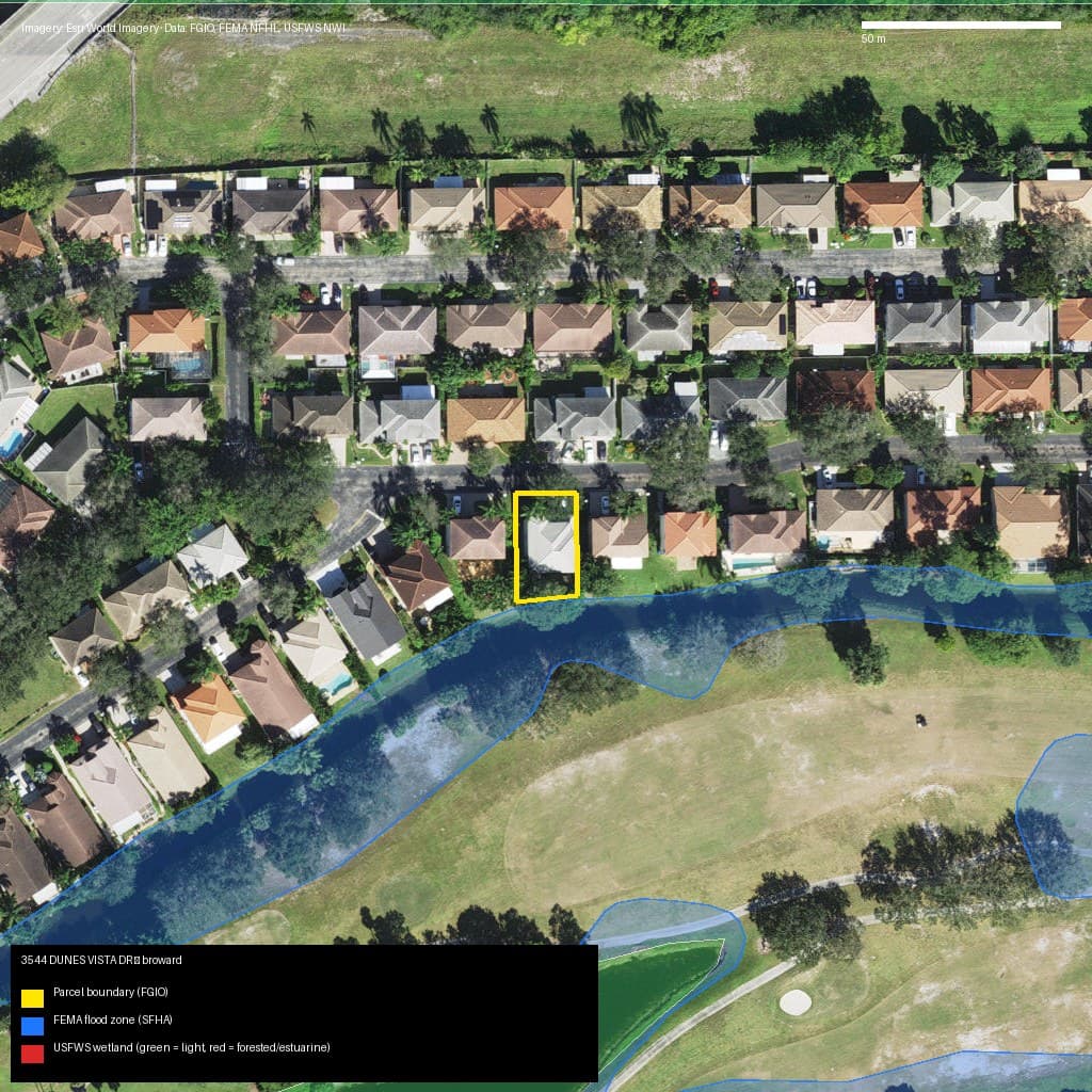 GIS map with parcel polygon, FEMA zone and wetlands — 3544 DUNES VISTA DR, POMPANO BEACH, FL, 33069