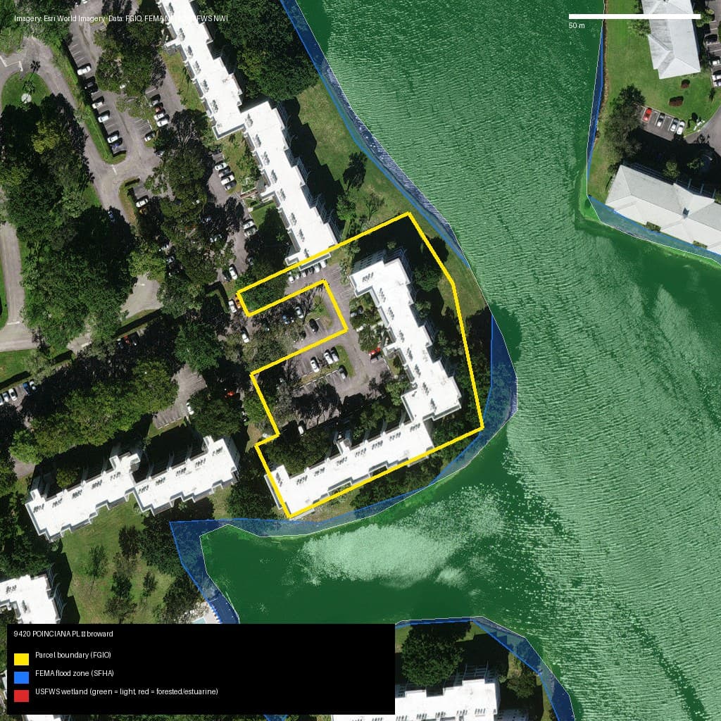 GIS map with parcel polygon, FEMA zone and wetlands — 9420 POINCIANA PL, DAVIE, FL, 33324