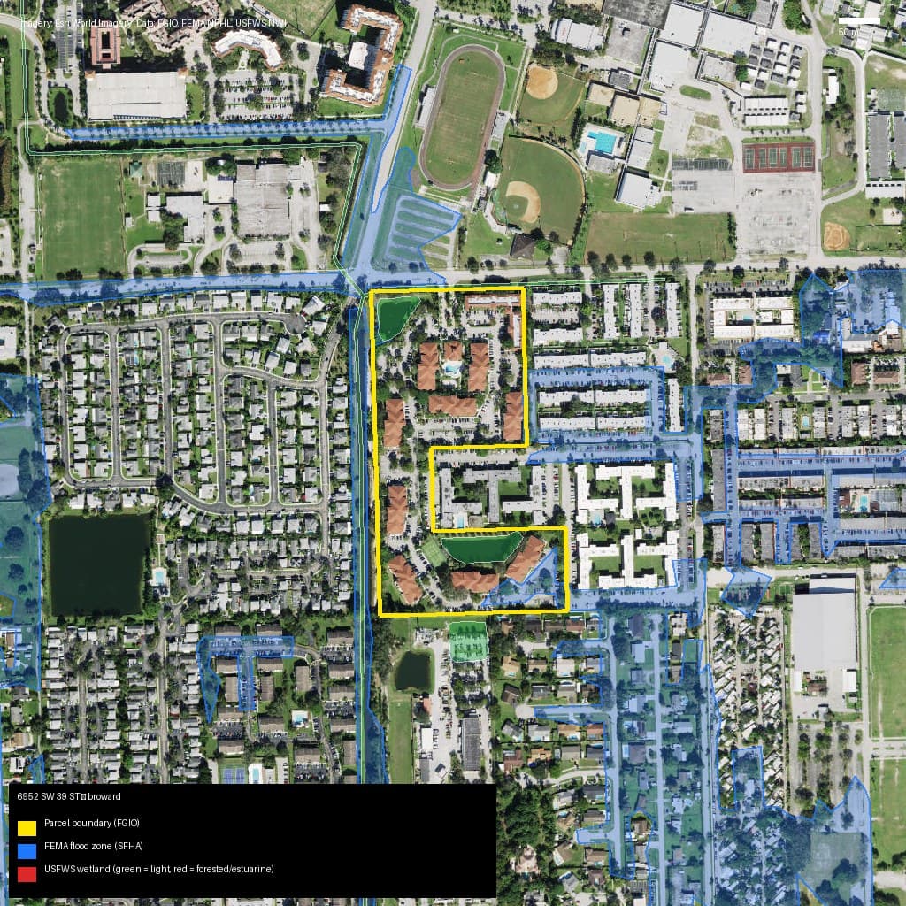 GIS map with parcel polygon, FEMA zone and wetlands — 6952 SW 39 ST, DAVIE, FL, 33314